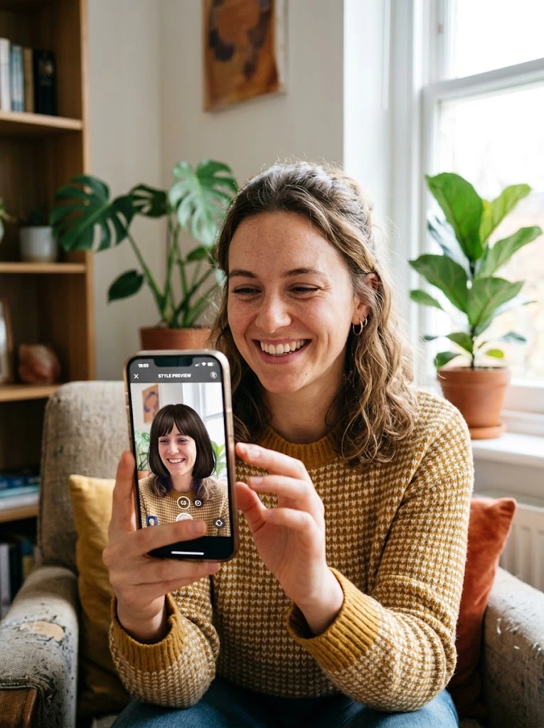 Selfie frontal recomendada para testar uma peruca castanha através de inteligência artificial