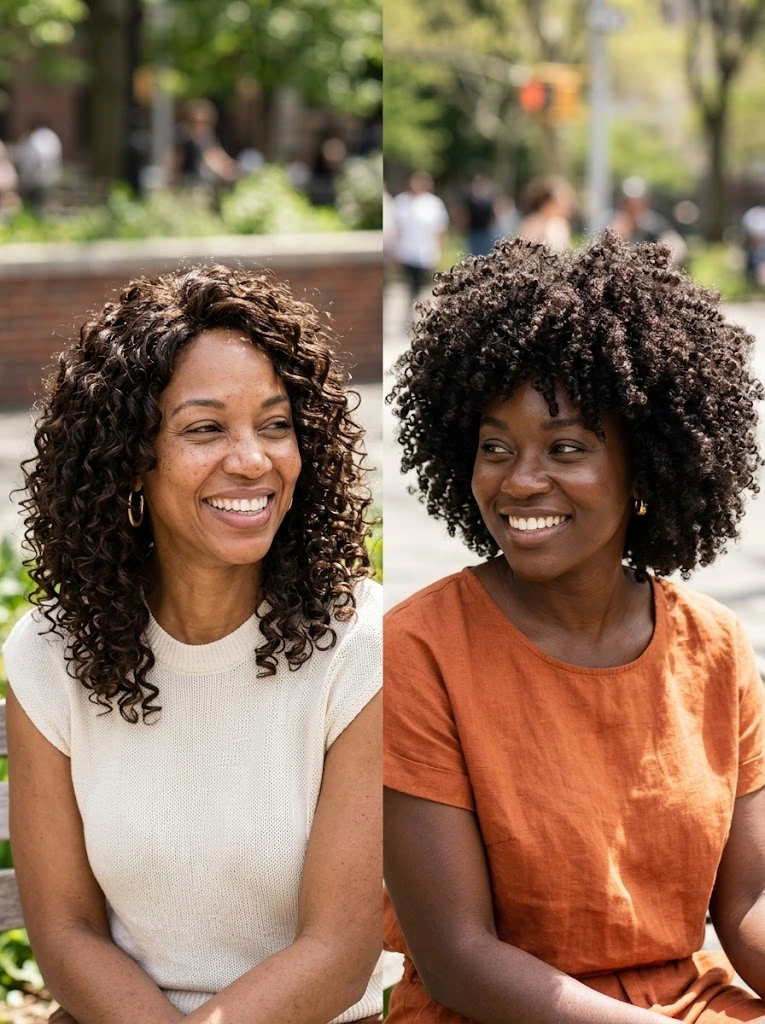 Comparaison visuelle de quatre familles de boucles de curly wig : larges, intermédiaires, spirales serrées et boucles souples