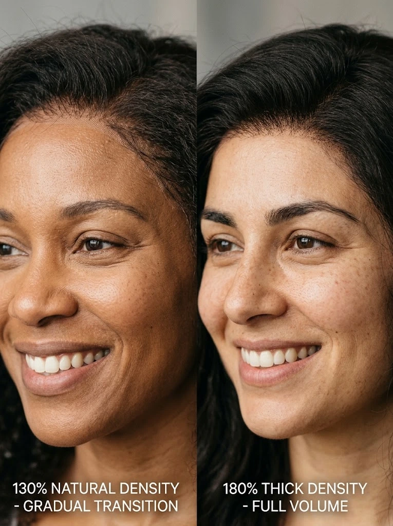 Comparação visual de três níveis de densidade de lace front wig, mostrando diferenças entre volume baixo, moderado e elevado