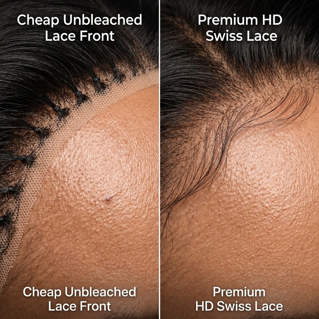 Comparativo de linha frontal de lace front wig, mostrando diferenças de acabamento, distribuição dos fios e integração junto às têmporas
