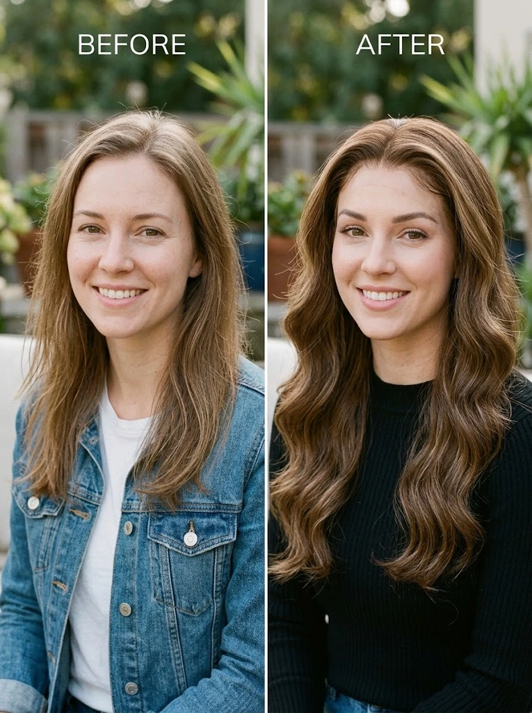 Comparação antes e depois de uma prova virtual de lace front wig, mostrando uma fotografia frontal e a simulação de uma peruca longa com ondas suaves
