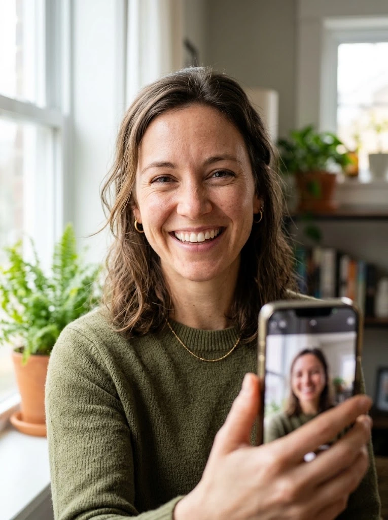 Pessoa a preparar uma selfie ideal para testar uma peruca loira através de inteligência artificial